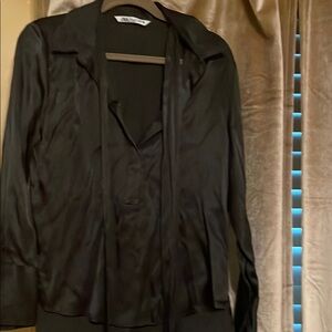 Zara Black Satin Blouse with tie attached